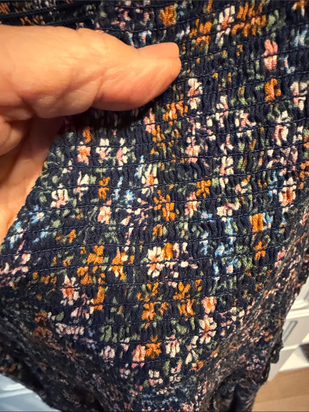 Floral Navy Blue Midi Dress with Ruffled Sleeves - Picture 4 of 7